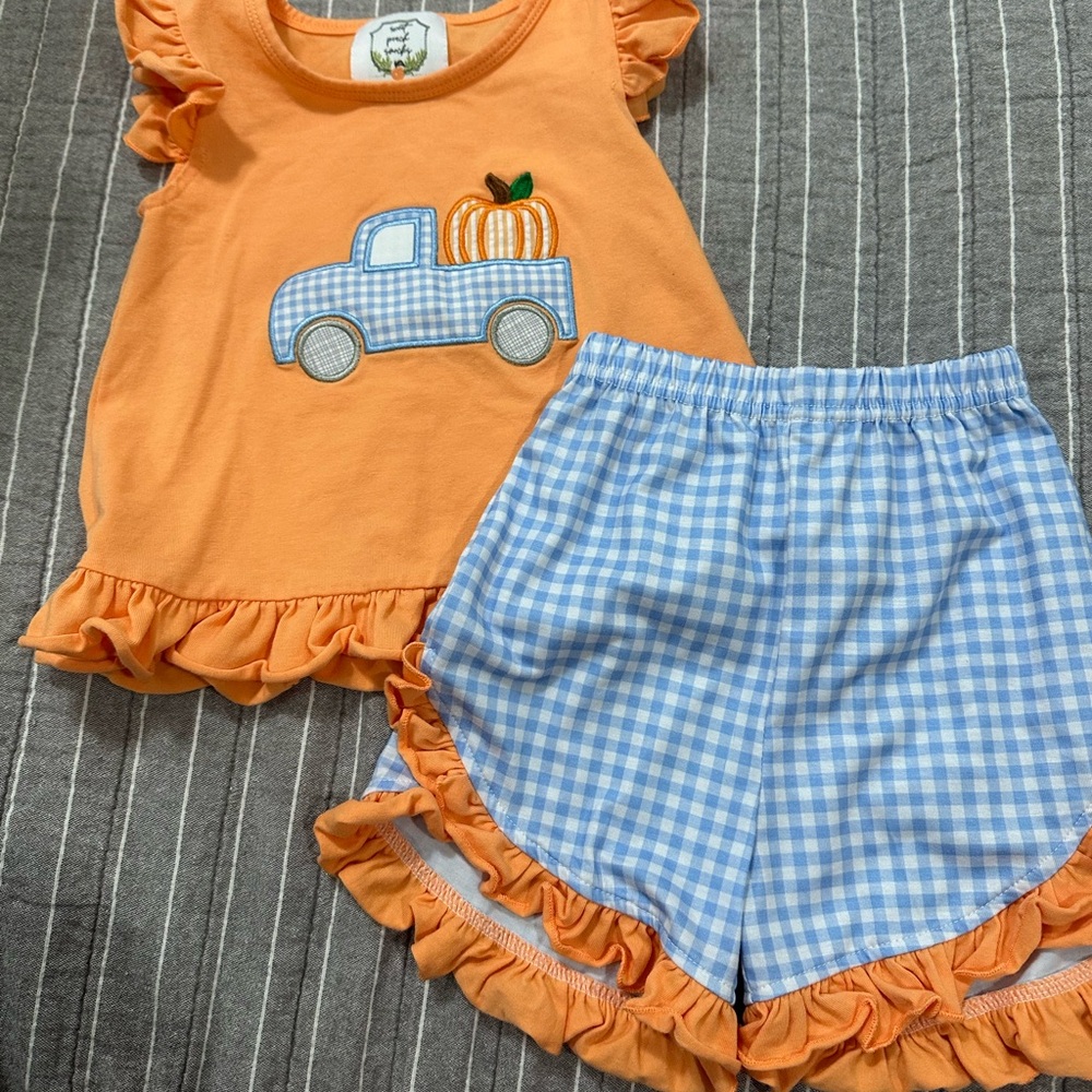 Orange Ruffle Top and Blue Gingham Shorts Set